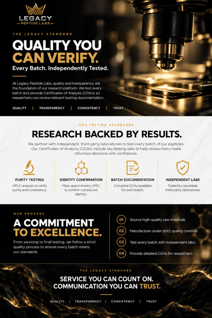 Legacy Peptide Labs quality standards, independent batch testing, and Certificates of Analysis