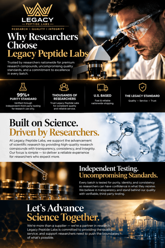 Legacy Peptide Labs research quality, independent testing, and commitment to researchers